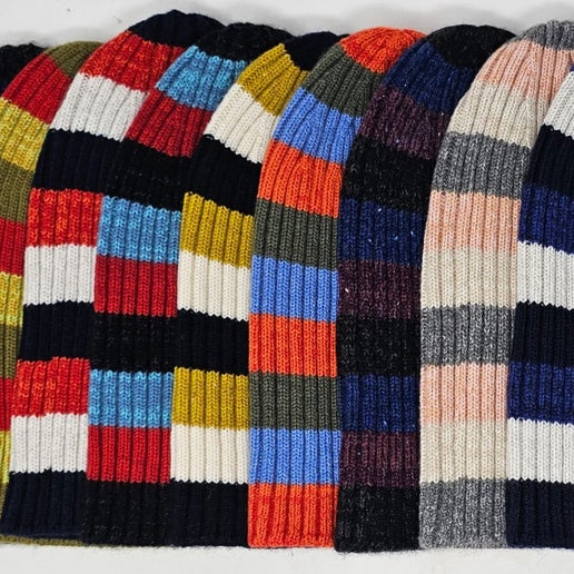 100% Scottish Cashmere Ribbed Beanie (Striped)